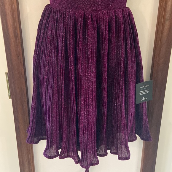 Lulus Party Era Purple Sparkly Lace-Up Pleated Skater Dress XS - Picture 5 of 11